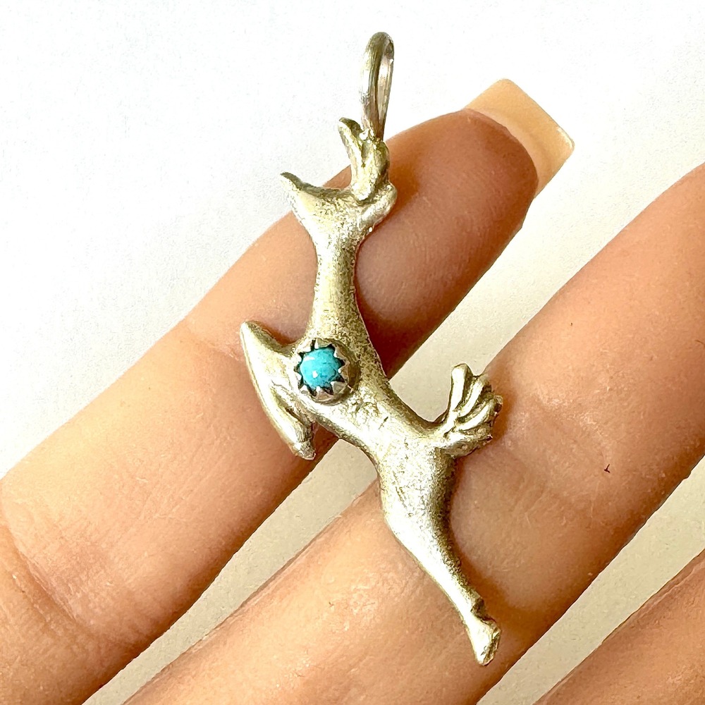 VTG Navajo Deer Turquoise Pendant 1in‎ Sterling Charm Native American Small